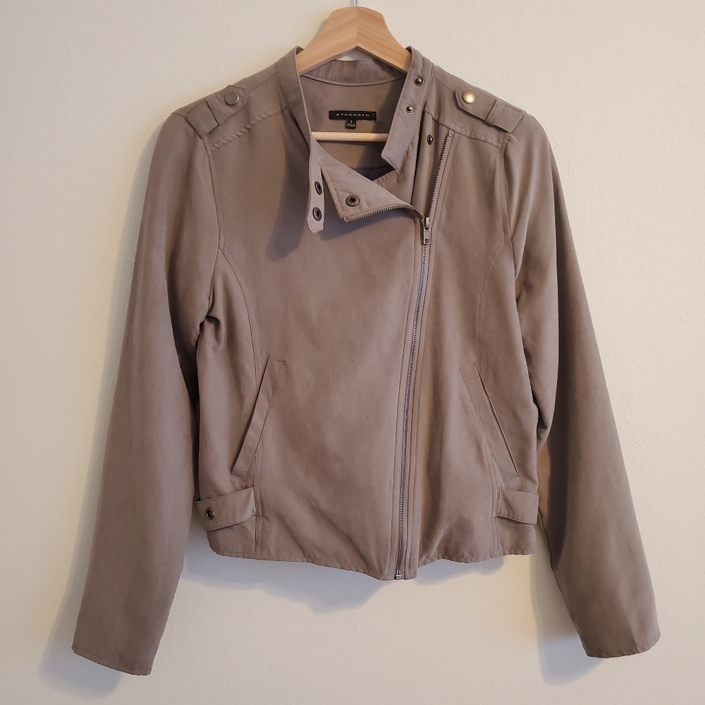 Staccato Taupe Lightweight Faux Suede Satin Lined Moto Jacket Outerwear
